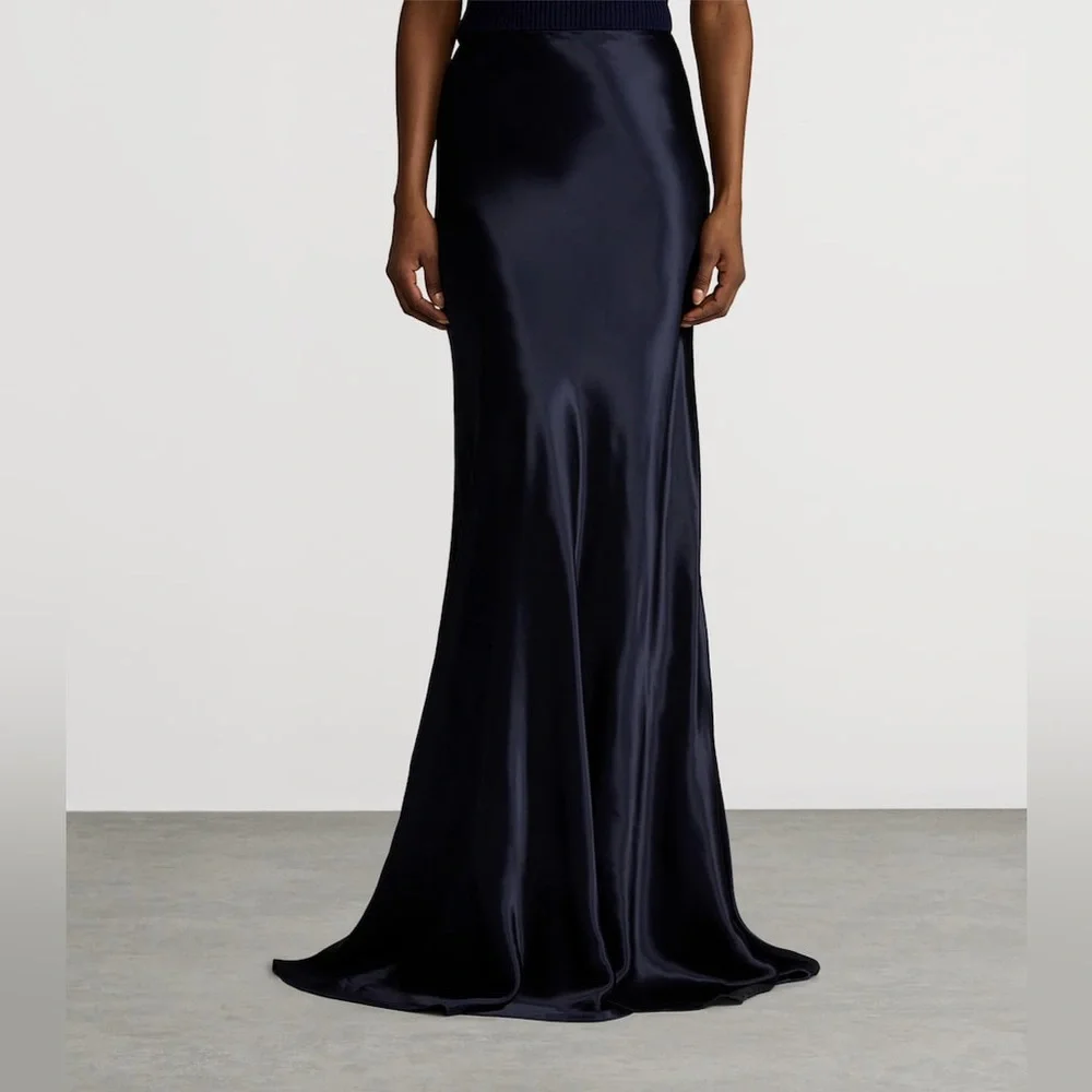 RALPH LAUREN COLLECTION MASSINA STRETCH SATIN SKIRT IN NAVY BLUE